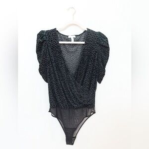 Leith Black and Green velvet Leopard Print Bodysuit